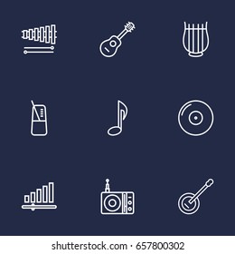 Set Of 9 Song Outline Icons Set.Collection Of Wooden Block, Station, Stringed And Other Elements.