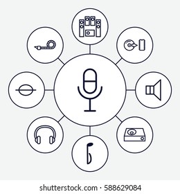 Set of 9 sound outline icons such as microphone, dvd player, music note, megaphone, loud speaker set, disc, party pipe