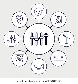 set of 9 sound outline icons such as ear, equalizer, gramophone, speaker, emoji listening music, adjust, trumpet