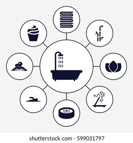  Set of 9 spa filled icons such as shower, cream, woman in spa, lotus, aroma stick, bamboo, towels, jacuzzi