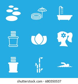 set of 9 spa filled and outline icons such as shower, woman face with flower in hair, lotus, bamboo, towels, swimmer, inflatable pool and umbrella