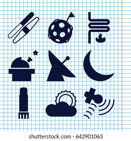Set of 9 space filled icons such as satellite, sawing, sun, glue pen, crescent, heating system, flag on moon