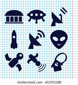 Set of 9 space filled icons such as observatory, alien head, satellite, home key tag, rocket
