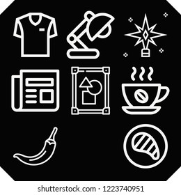 Set of 9 space outline icons such as christmas star, chili pepper, frame, desk lamp, coffee, steak, computing, newspaper