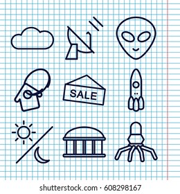 Set of 9 space outline icons such as observatory, cloud, home key tag, satellite, sun and moon, alien head, rocket