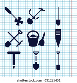 Set of 9 spade filled icons such as shovel and rake, shovel, gardening tool