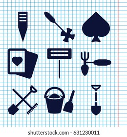 Set of 9 spade filled icons such as shovel and rake, spades, shovel, gardening tool