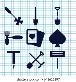 Set of 9 spade filled icons such as shovel and rake, spades, shovel