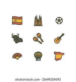 Set of 9 Spain icons, flag and national symbols. Simple cartoon style illustration.