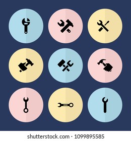 Set of 9 spanner filled icons such as wrench, hummer and wrench