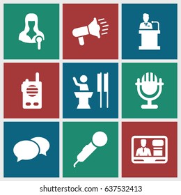 set of 9 speak filled icons such as chat, woman speaker, tv speaker, speaker, walkie talkie, megaphone