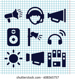 Set of 9 speaker filled icons such as megaphone, operator, loud speaker set, contrast, speaker