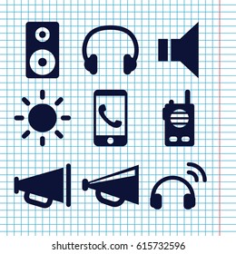 Set of 9 speaker filled icons such as megaphone, loudspeaker, headset, contrast, walkie talkie