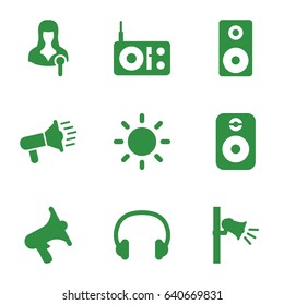 set of 9 speaker filled icons such as woman speaker, volume, megaphone, headset, contrast
