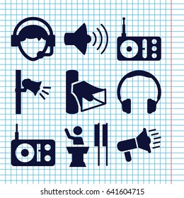 Set of 9 speaker filled icons such as radio, volume, operator, megaphone, speaker