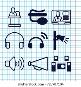 Set of 9 speaker filled and outline icons such as pin microphone, megaphone, audio system, headset, volume, tv speaker