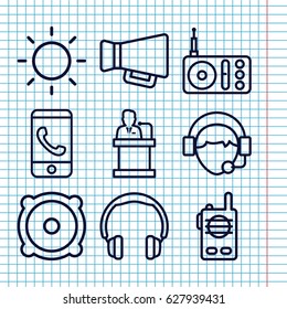 Set of 9 speaker outline icons such as radio, megaphone, operator, speaker, contrast, walkie talkie, phone call