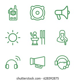 set of 9 speaker outline icons such as megaphone, operator, contrast, headset