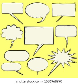 Set of 9 speech bubbles in a comic book ink style, isolated on a yellow background