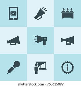 Set of 9 speech filled icons such as megaphone, lesson, microphone, lecturer, message