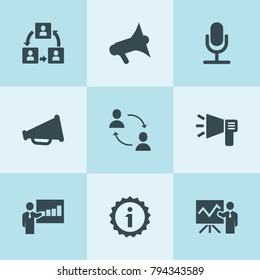 Set of 9 speech filled icons such as lecturer, communication, megaphone, karaoke