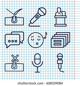 Set of 9 speech outline icons such as no hair in skin, shave hair in skin, microphone, speaker, emoji listening music