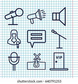 Set of 9 speech outline icons such as no hair in skin, woman speaker, megaphone, microphone, vip door