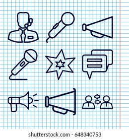 Set of 9 speech outline icons such as explosion, megaphone, microphone, help support, chat