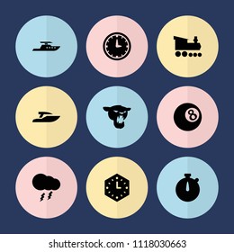 Set of 9 speed filled icons such as thunderstorm, wall clock, stopwatch, panther, boat, clock, locomotive