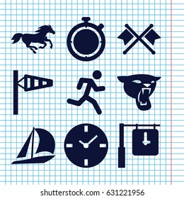 Set of 9 speed filled icons such as panther, horse, wind cone, clock, stopwatch, crossed flags, sailboat