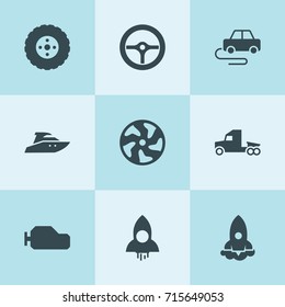 Set of 9 speed filled icons such as tire, alloy wheel, gearbox, truck, rocket, car toy, boat