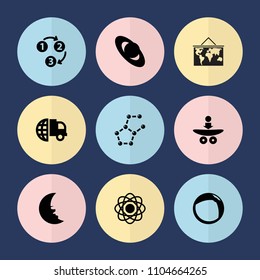 Set of 9 sphere filled icons such as international delivery, atom, planet, 1 2 3, beach ball, world map