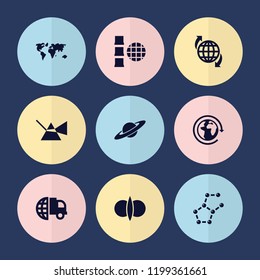 Set of 9 sphere filled icons such as international delivery, world map, intersection, internet, atom fusion, planet, atom