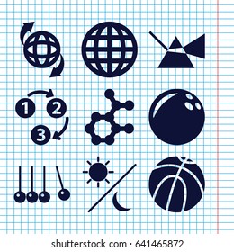 Set of 9 sphere filled icons such as qround the globe, 1 2 3, sun and moon, atom, bowling ball, basketball, intersection, cradle