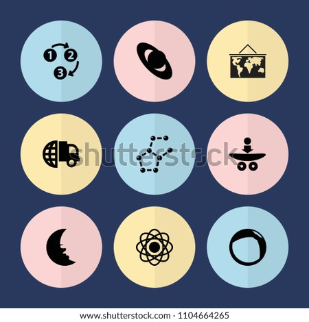 Set of 9 sphere filled icons such as international delivery, atom, planet, 1 2 3, beach ball, world map