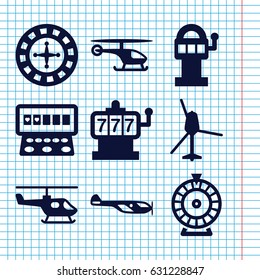 Set of 9 spin filled icons such as helicopter, roulette, slot machine