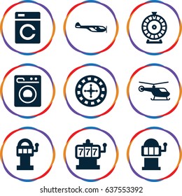 set of 9 spin filled icons such as washing machine, helicopter, roulette, slot machine
