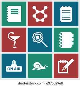 set of 9 spiral filled icons such as snail, lollipop, open air, notebook, medicine, spring rotate