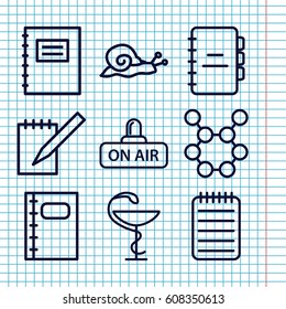 Set of 9 spiral outline icons such as snail, open air, notebook, medicine, notepad