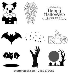 Set of 9 spooky Halloween vector icons including a clown, coffin, bat, ghost, and more. Perfect for decorations, invitations, websites, and Halloween-themed projects.