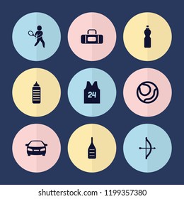 Set of 9 sports filled icons such as car, bow, tennis playing, sport t shirt number 24, volleyball, fitness bottle