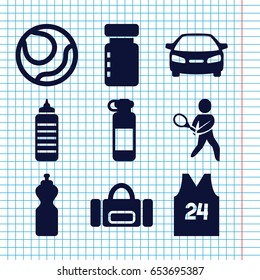 Set of 9 sports filled icons such as car, tennis playing, sport t shirt number 24, bottle for fitness, volleyball, fitness bottle