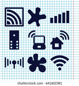 Set of 9 spot filled icons such as splash, wi-fi, signal, laptop signal, home connection, domino