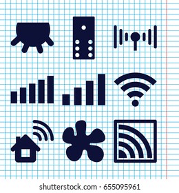 Set of 9 spot filled icons such as udder, wi-fi, signal, home connection, domino