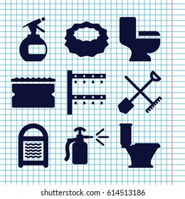 Set of 9 spray filled icons such as shovel and rake, spray bottle, toilet, sponge