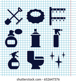 Set of 9 spray filled icons such as shovel and rake, perfume, spray bottle, clean, sponge, toilet, spray paint