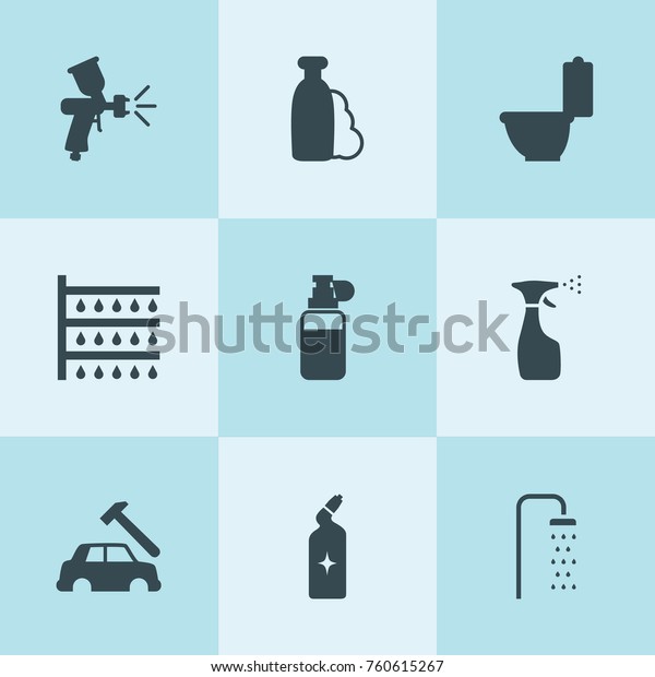 Set of 9 spray filled\
icons such as shower, paint spray gun, car body repair, shampoo,\
drain cleaner