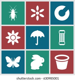 set of 9 spring filled icons such as rabbit, butterfly, beetle, umbrella, sun, pot for plants, flower