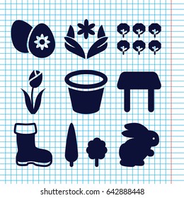 Set of 9 spring filled icons such as rabbit, tree, boot, table, flower, pot for plants