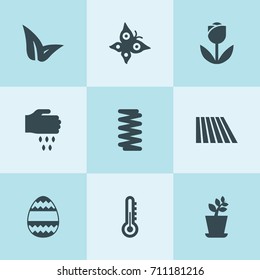 Set of 9 spring filled icons such as field, plant, thermometer, sowing, spring, leaf, easter egg, butterfly